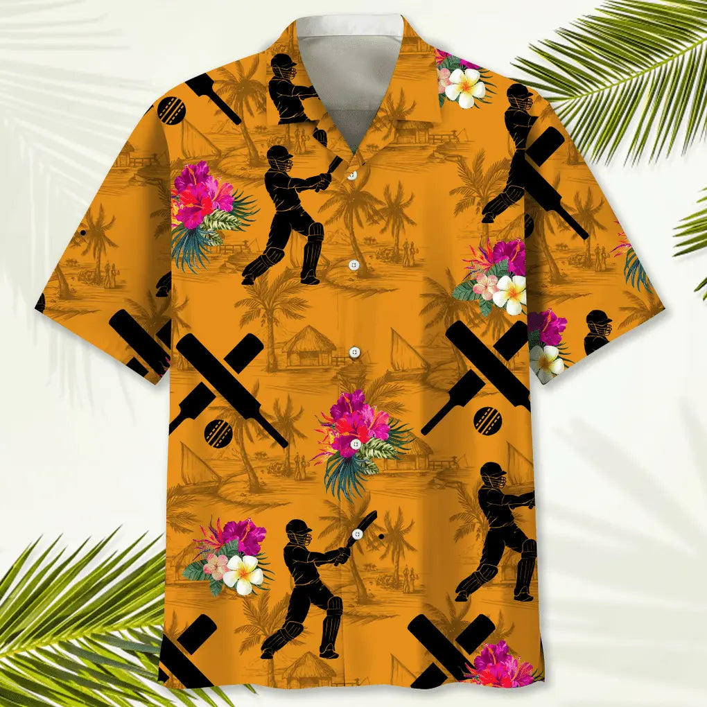 Tropical Cricket Orange Hawaiian Shirt For Outdoor Adventures, Coastal Travel, And Comfortable Casual Style