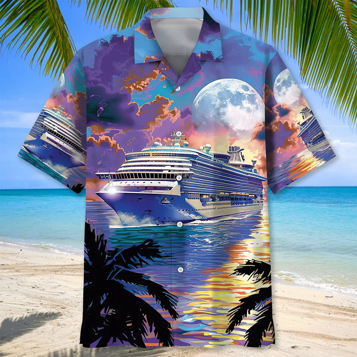 Creative Cruise Ship Sun Set Hawaiian Shirt For Tropical Holidays, Resort Trips, And Relaxed Coastal Style