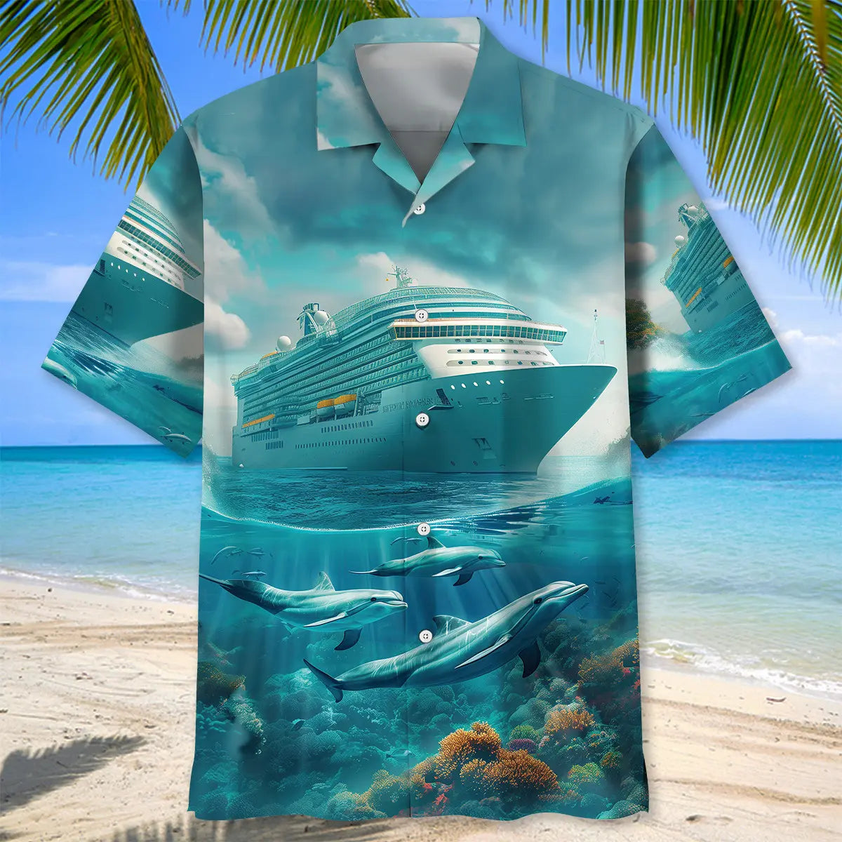 Creative Cruise Ship Dolphins Hawaiian Shirt For Summer Vacation, Beach Travel, And Casual Wear