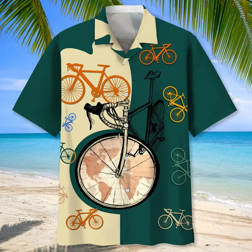Colorful Cycling Map Hawaiian Shirt For Island Vacations, Resort Wear, And Relaxed Seasonal Style