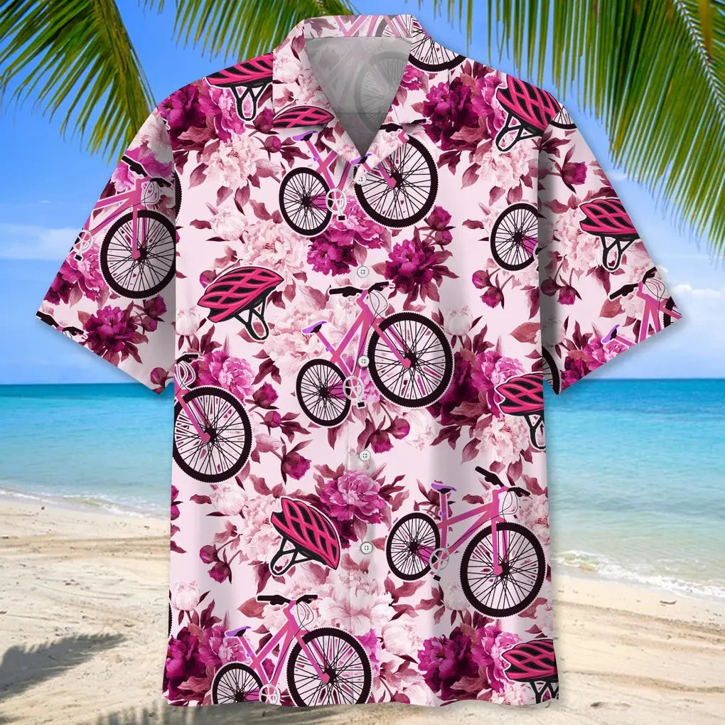 Floral Cycling Pink Hawaiian Shirt For Coastal Travel, Casual Events, And Comfortable Summer Wear