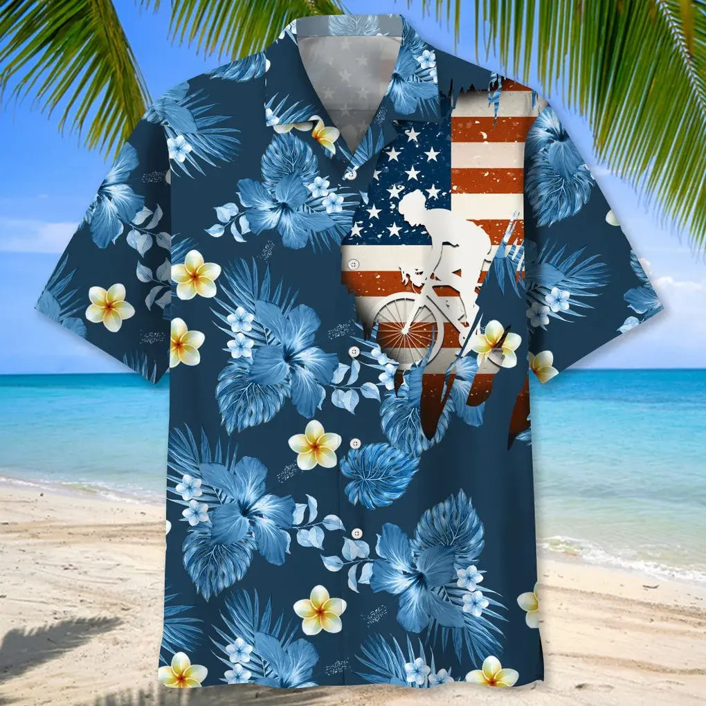 American Tropical Cycling Blue Hawaiian Shirt For Coastal Travel, Casual Events, And Comfortable Summer Wear