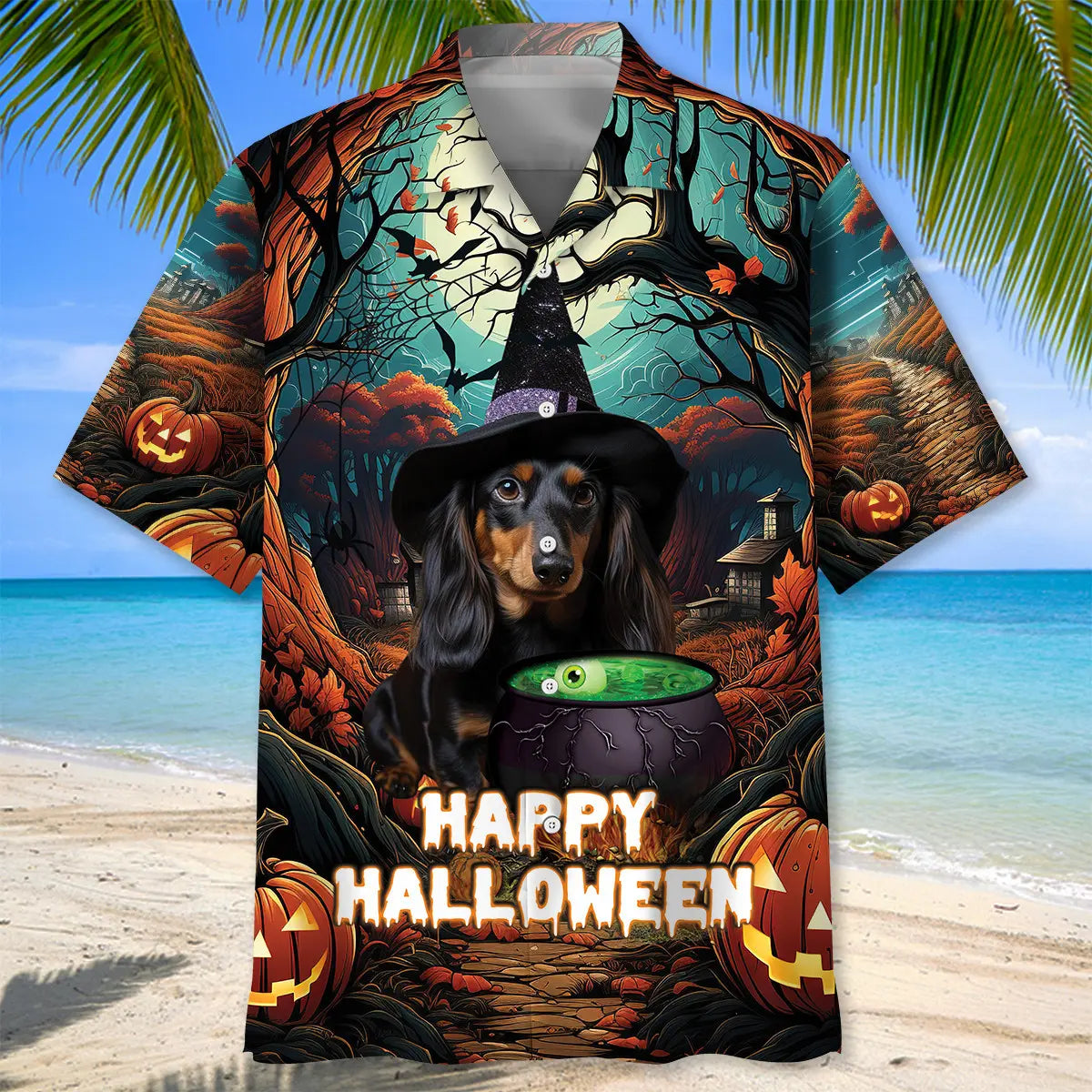 Halloween Dachshund Hawaiian Shirt For Summer Vacation, Beach Travel, And Casual Wear