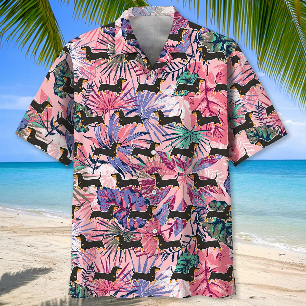 Tropical Dachshund Hawaiian Shirt For Summer Vacation, Beach Travel, And Casual Wear