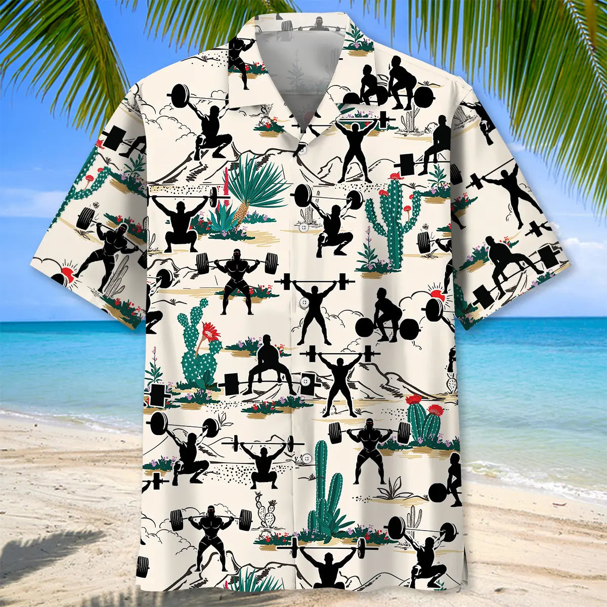 Desert Weight Lifting Hawaiian Shirt For Summer Vacation, Beach Travel, And Casual Wear