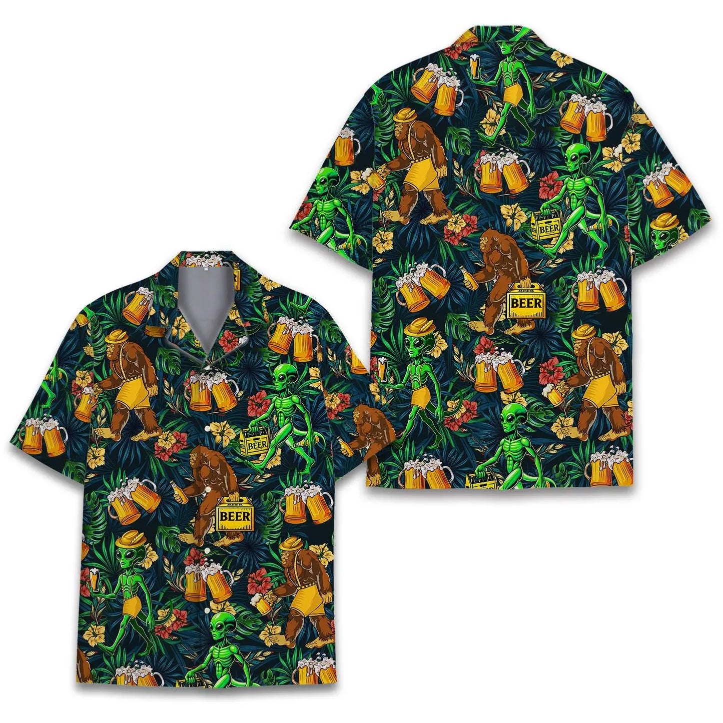 Tropical Island Bigfoot Alien Beers Aloha Hawaiian Shirt For Tropical Holidays, Outdoor Gatherings, And Everyday Comfort
