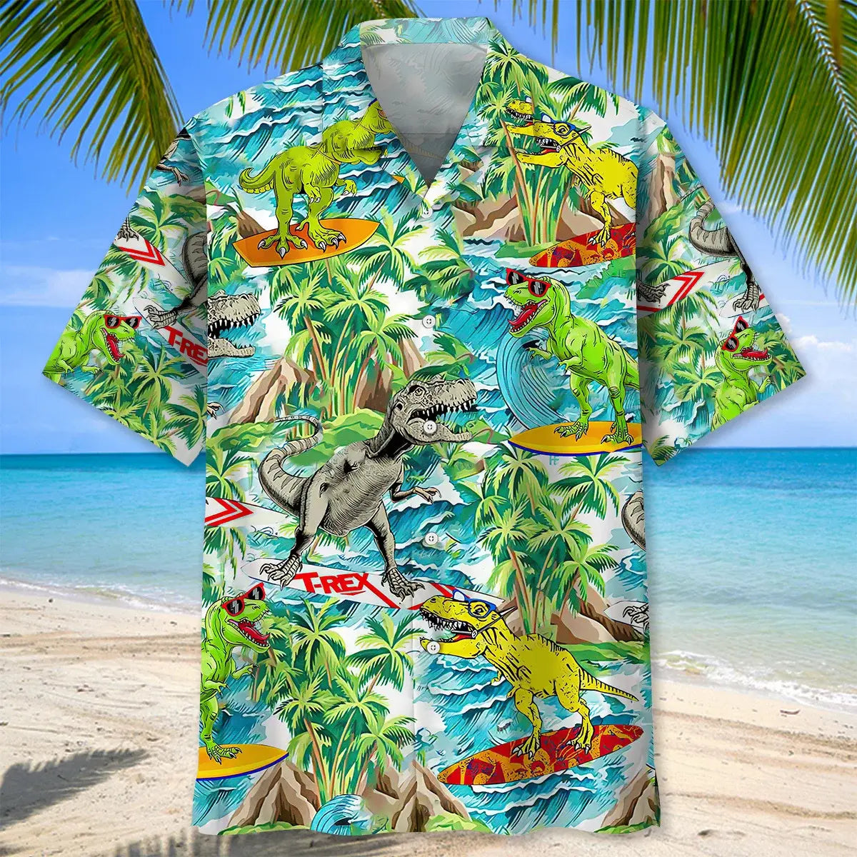 Dinosaur Surfing Hawaiian Shirt For Outdoor Adventures, Coastal Travel, And Comfortable Casual Style