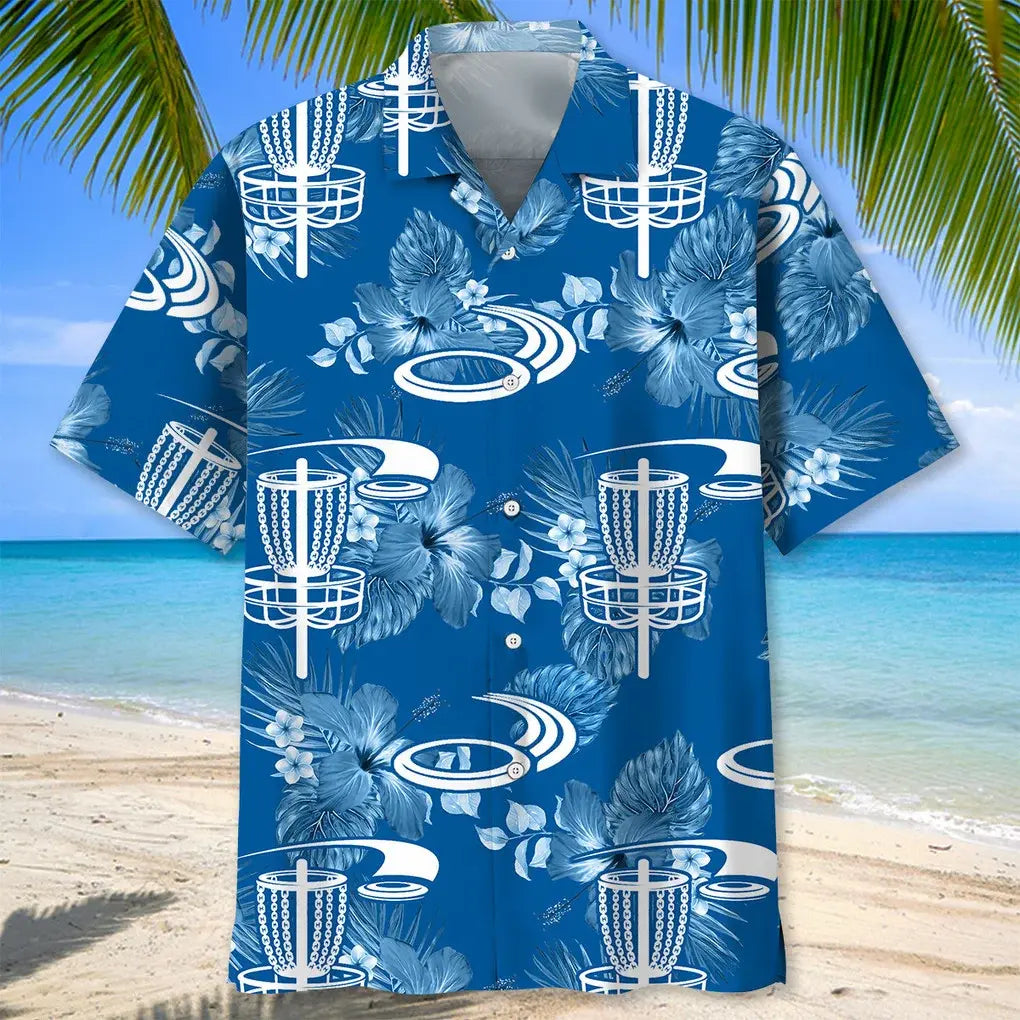 Disc Golf Blue Hawaiian Shirt For Summer Vacation, Beach Travel, And Casual Wear