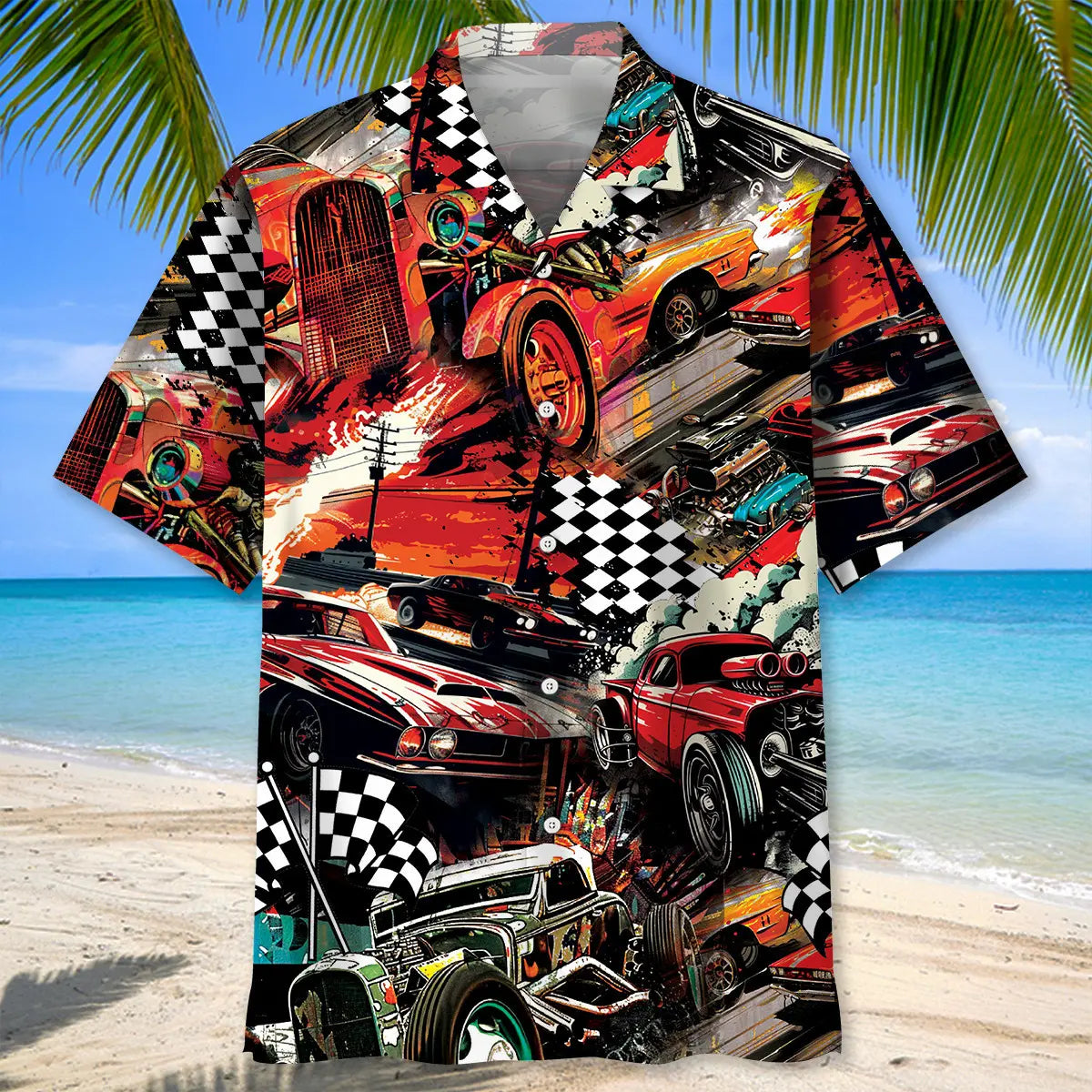 Retro Drag Racing Red Hawaiian Shirt For Racing Fans, Summer Outings, And Relaxed Vacation Wear