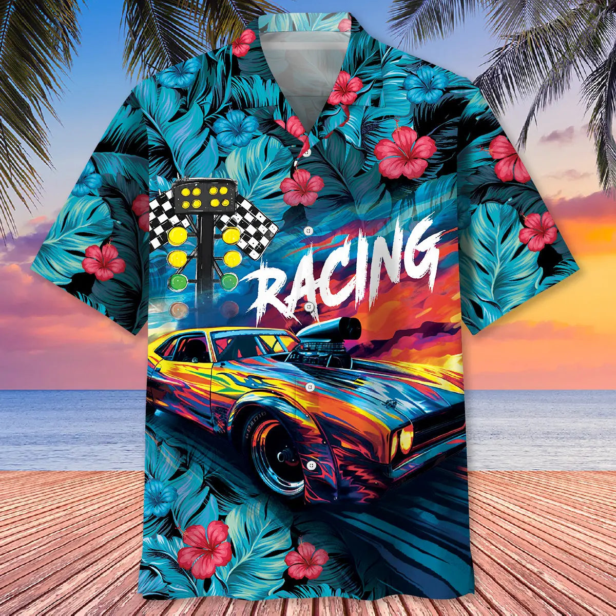 Tropical Drag Racing Hawaiian Shirt For Road Trip Adventures, Resort Days, And Comfortable Everyday Wear