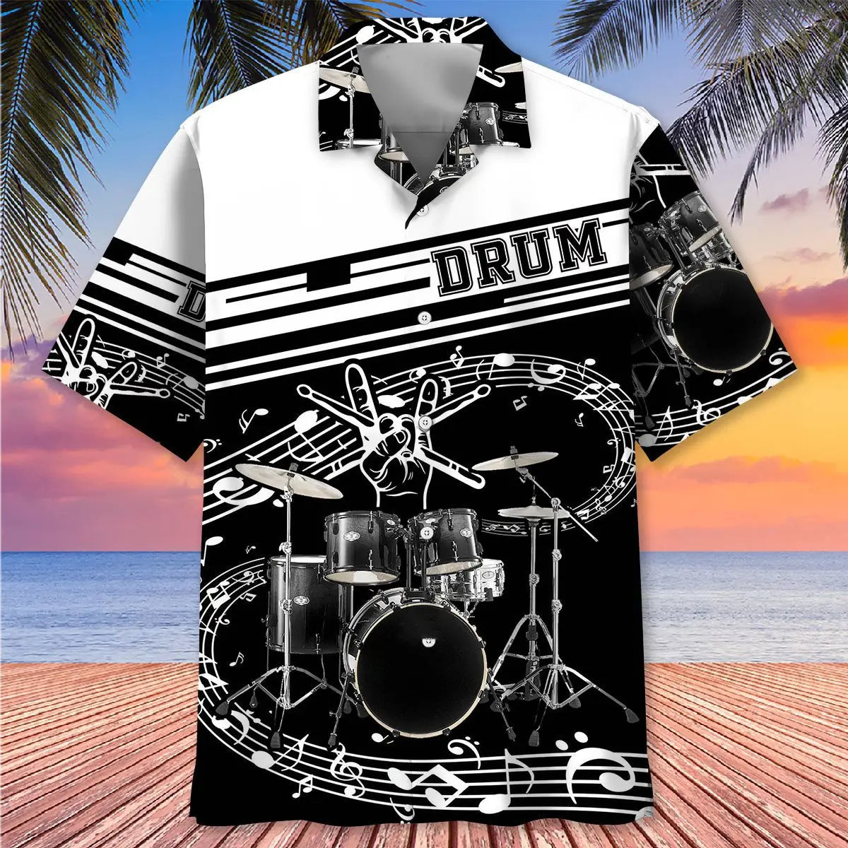 Drum Black White Hawaiian Shirt For Beach Days, Summer Outings, And Thoughtful Gift Giving