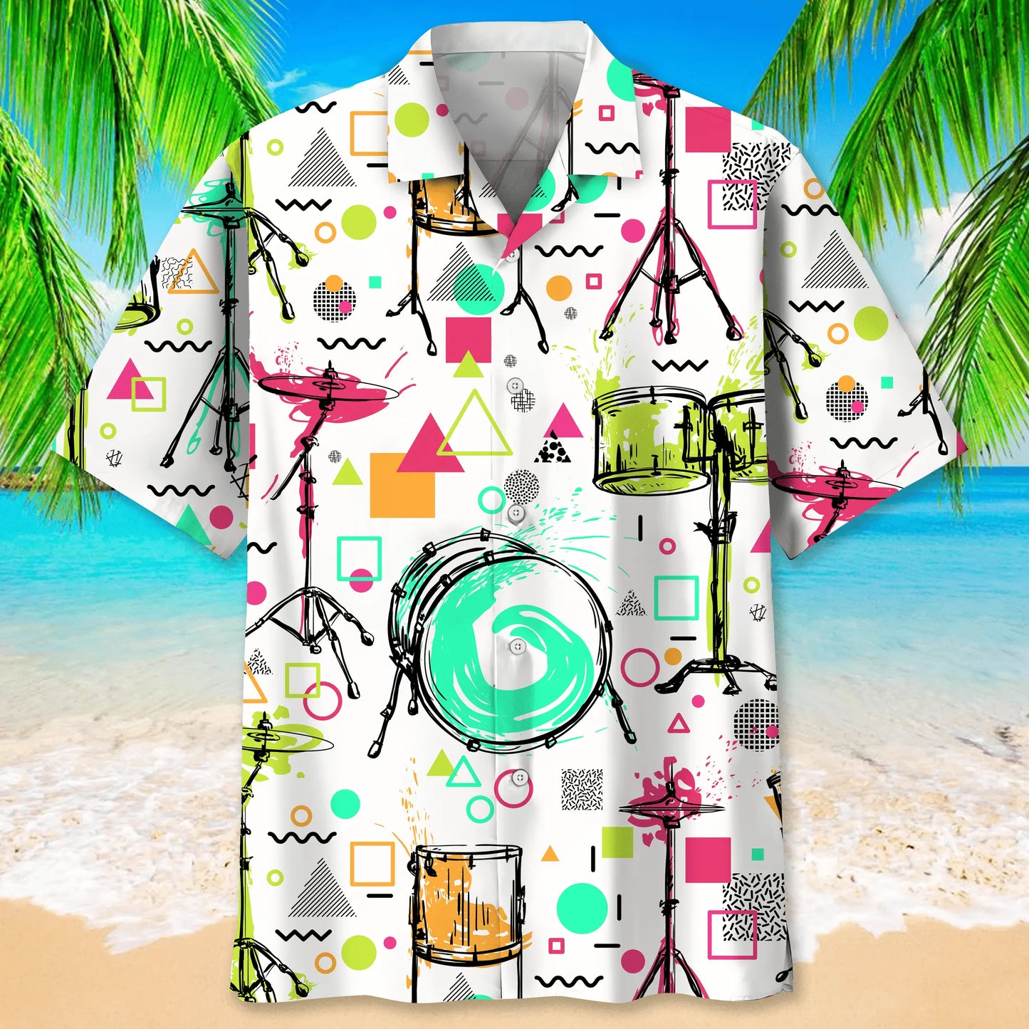 Colorful Drum Hawaiian Shirt For Island Vacations, Resort Wear, And Relaxed Seasonal Style