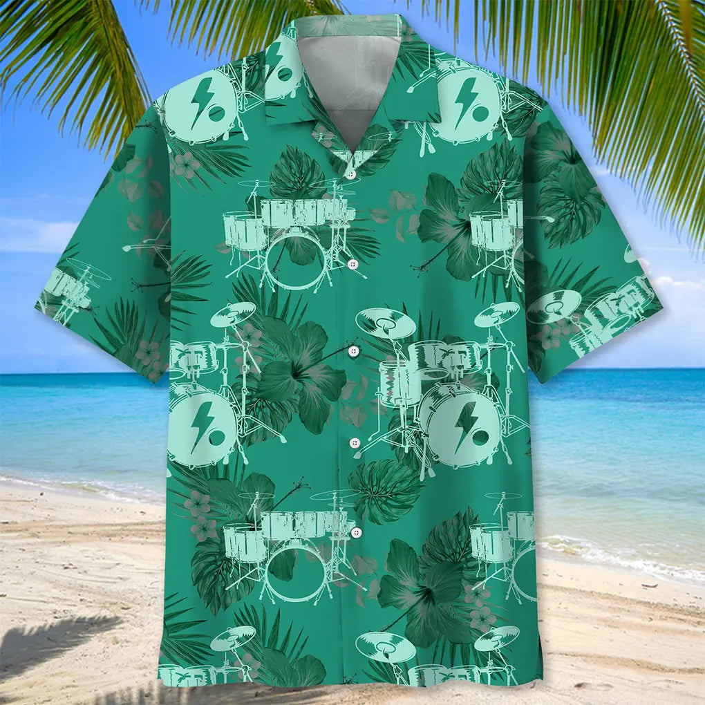 Drum Kelly Green Hawaiian Shirt For Island Vacations, Resort Wear, And Relaxed Seasonal Style