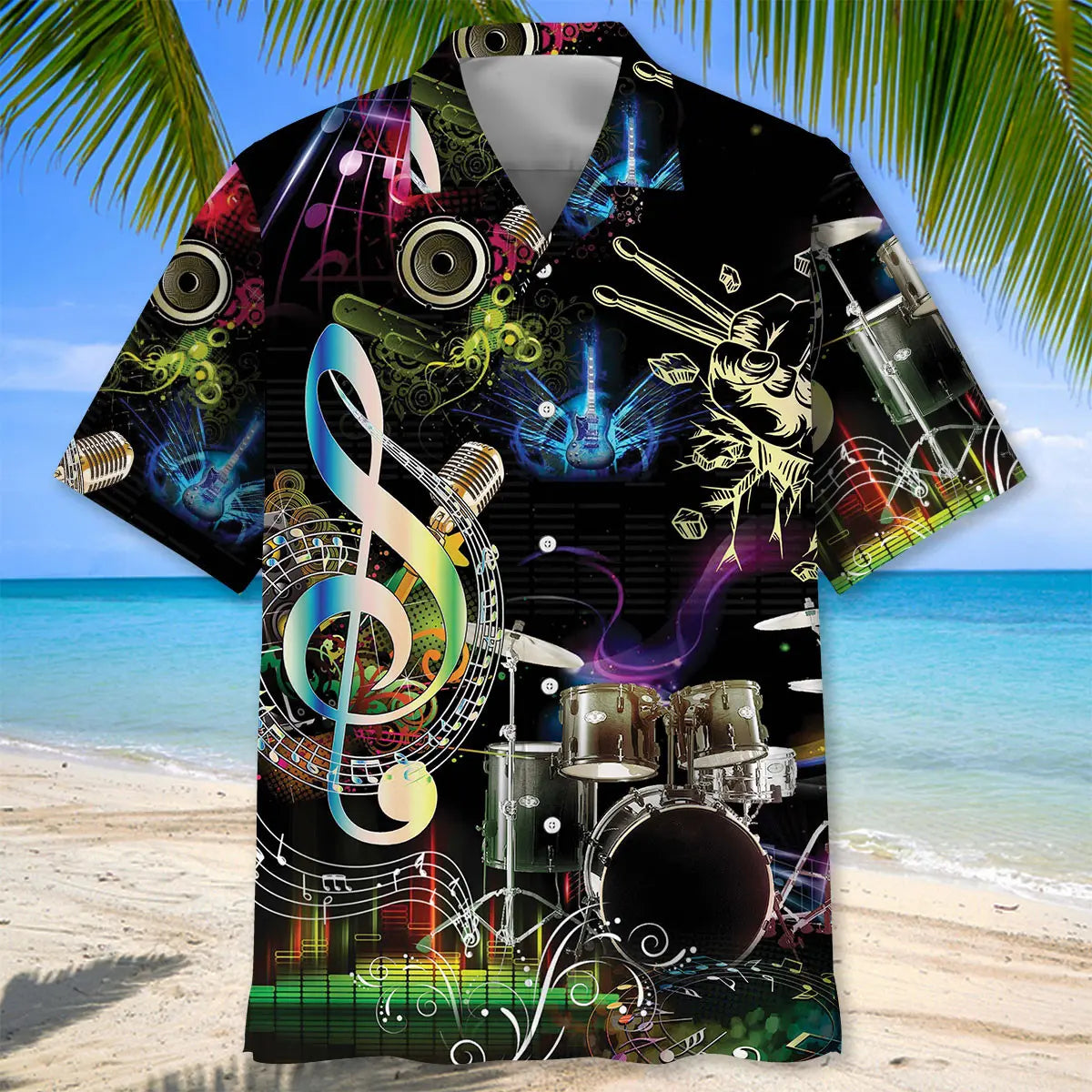 Neon Drum Light Hawaiian Shirt For Creative Performers, Coastal Trips, And Casual Everyday Wear