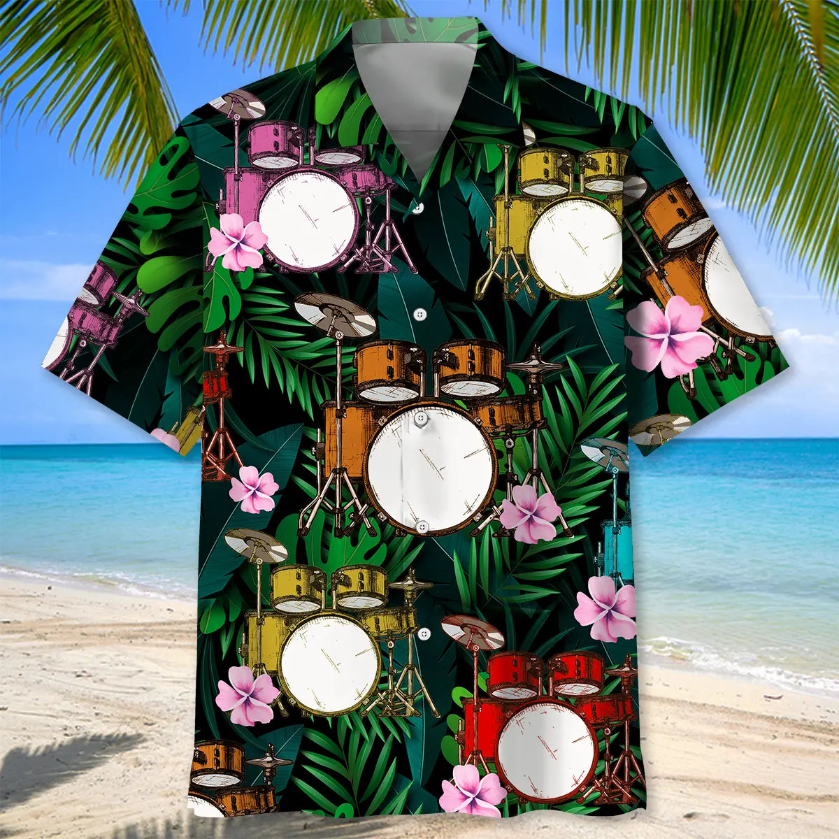 Tropical Drum Hawaiian Shirt For Island Vacations, Resort Wear, And Relaxed Seasonal Style