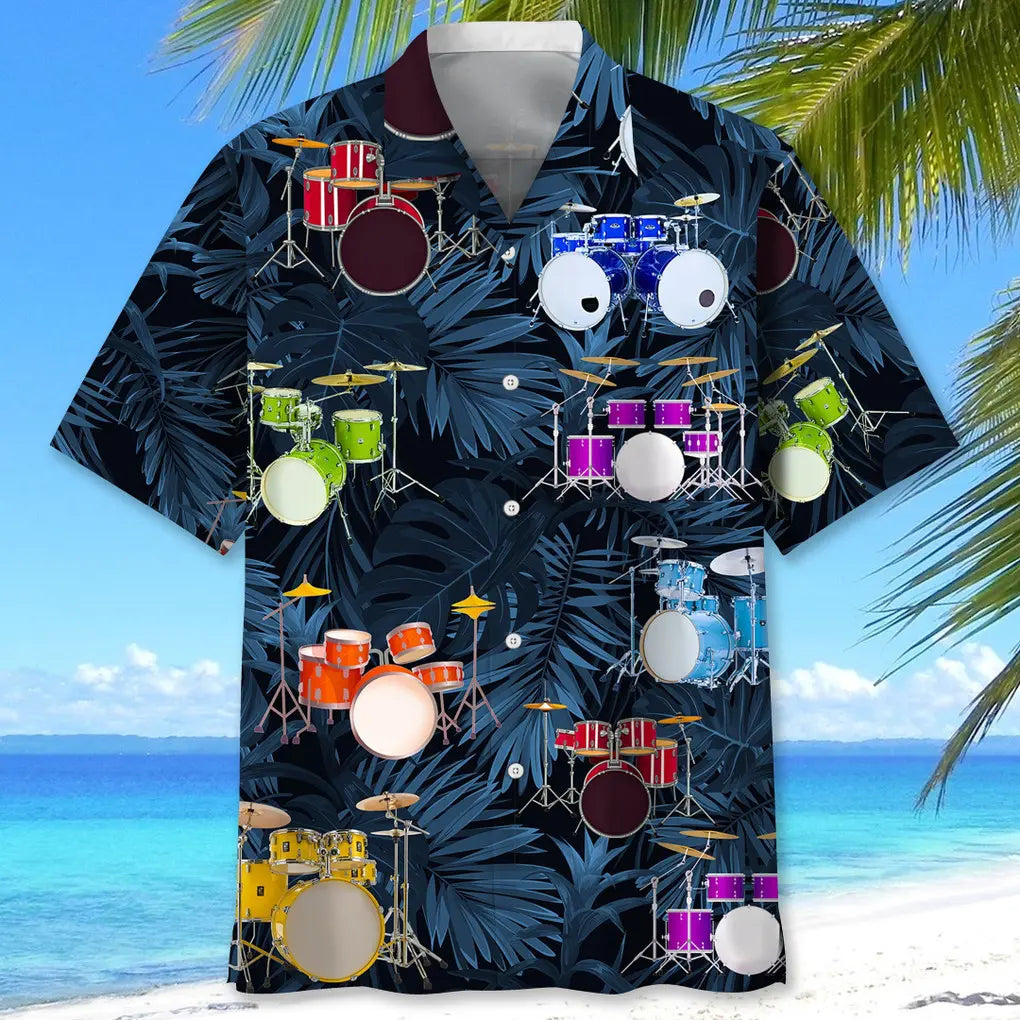 Tropical Drums Hawaiian Shirt For Music Fans, Resort Parties, And Warm Weather Events