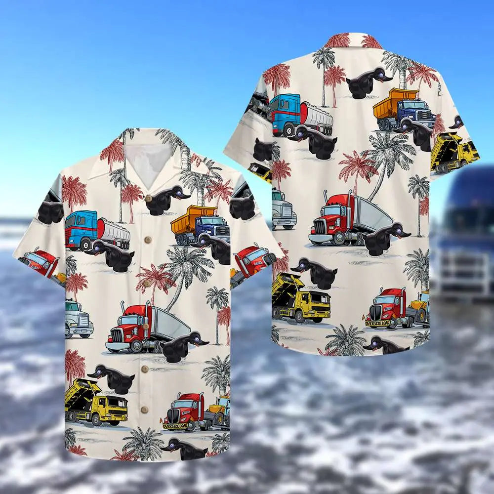 Island Duck Truck Pattern Aloha Hawaiian Shirt For Summer Vacation, Beach Travel, And Casual Wear