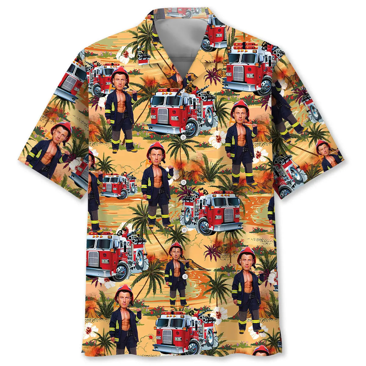 Firefighter Personalized Photo Face Hawaiian Shirt For Coastal Travel, Casual Events, And Comfortable Summer Wear