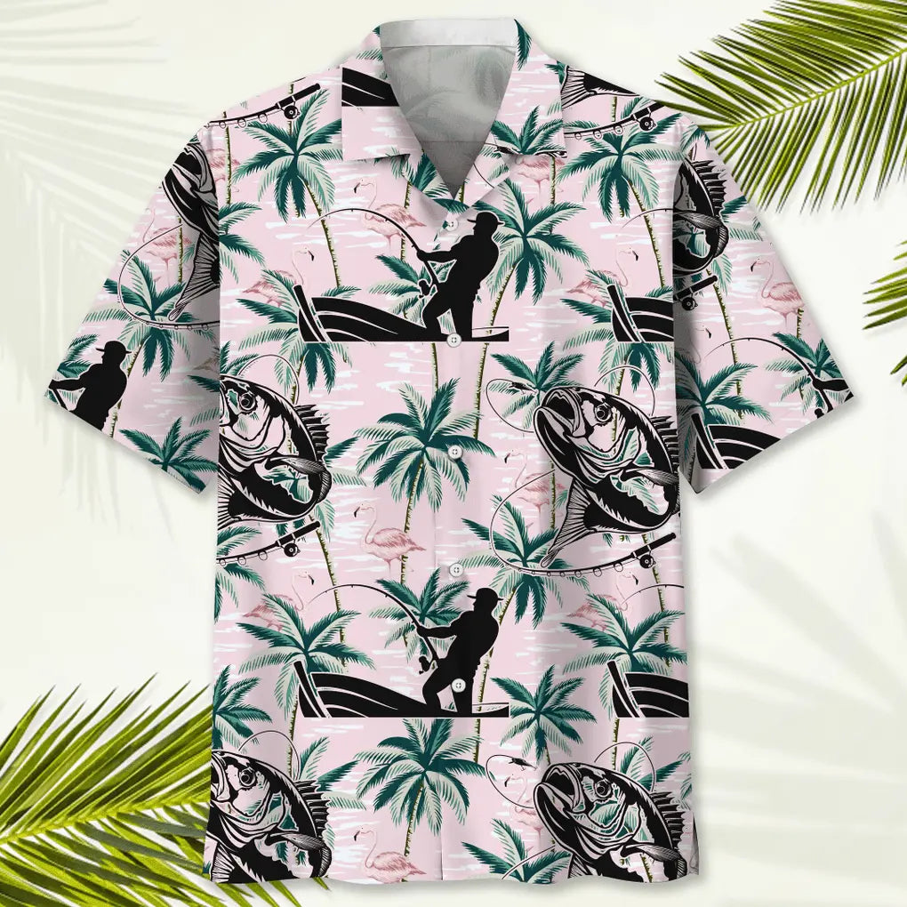 Tropical Fishing Pink Hawaiian Shirt For Coastal Travel, Casual Events, And Comfortable Summer Wear