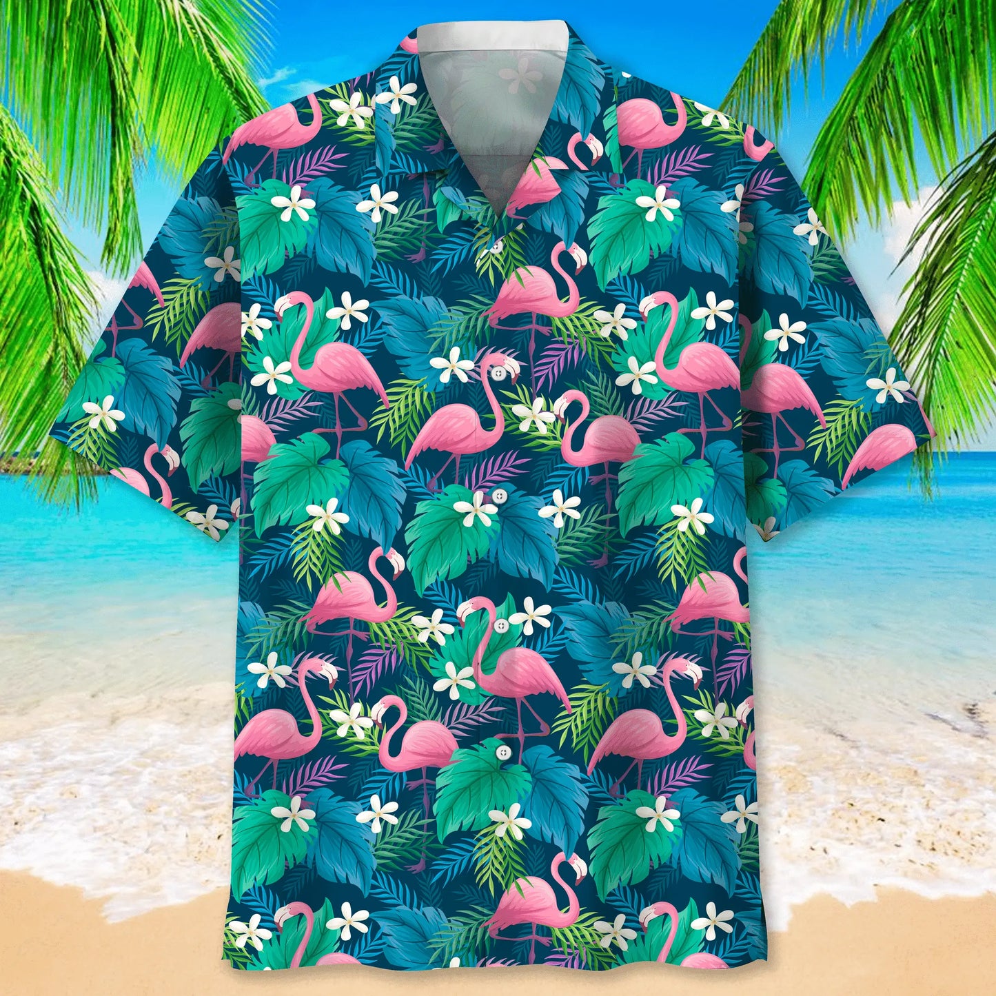 Flamingo Green Hawaiian Shirt For Summer Vacation, Beach Travel, And Casual Wear