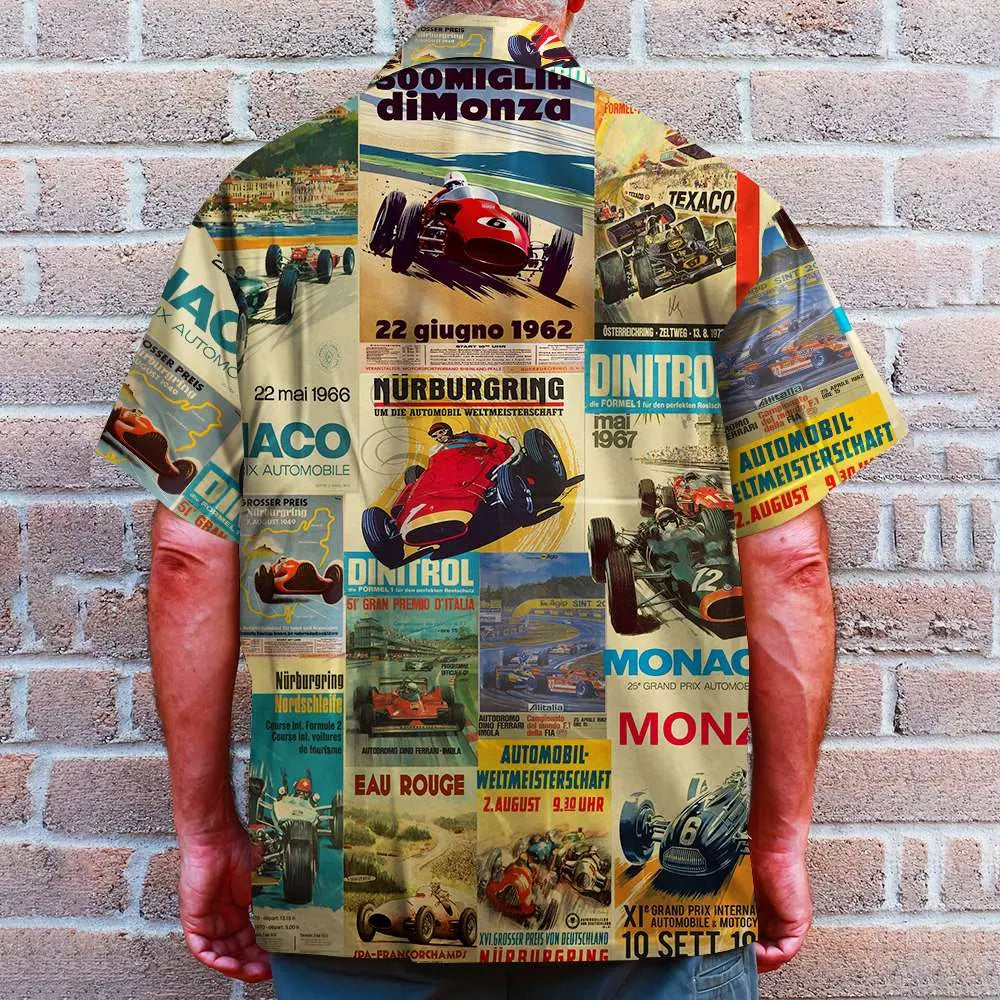 Island Summer Open Wheel Racing Aloha Hawaiian Shirt For Resort Trips, Coastal Parties, And Warm Weather Style