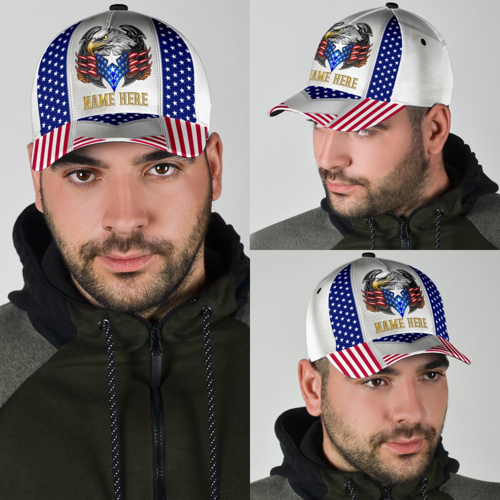 Custom White Eagle American Flag Name Classic Cap For Everyday Wear Vacations And Seasonal Activities