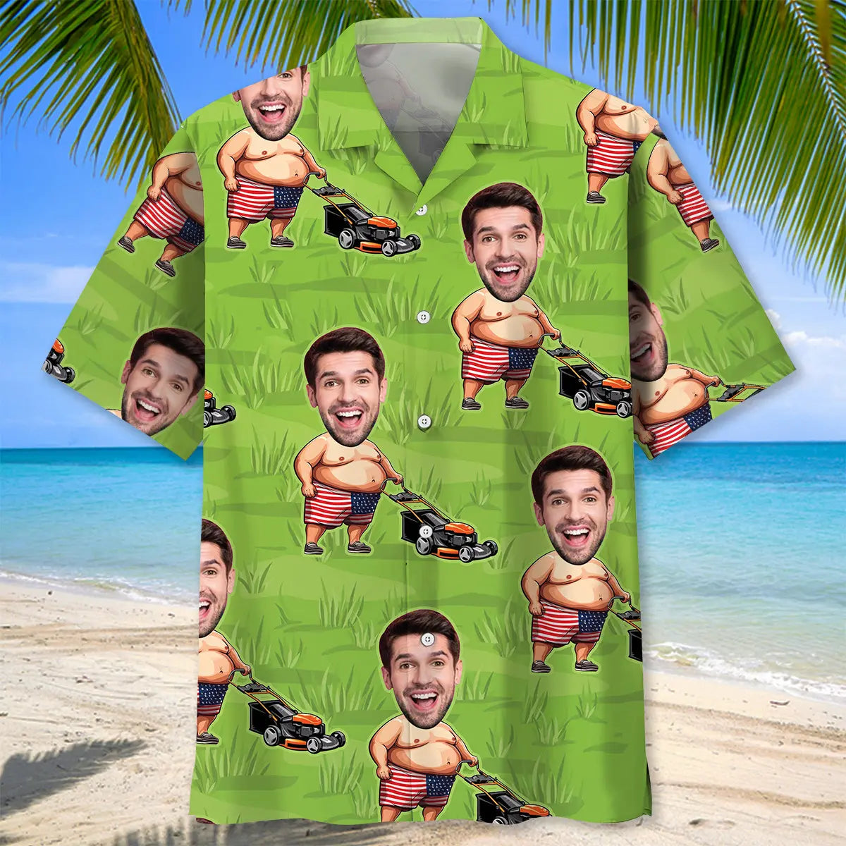 American Funny Lawn Mower Personalized Photo Face Hawaiian Shirt For Summer Vacation, Beach Travel, And Casual Wear