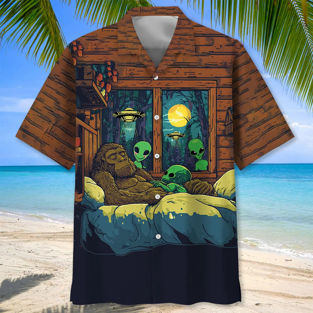 Funny Bigfoot Sleep Alien Hawaiian Shirt For Summer Vacation, Beach Travel, And Casual Wear