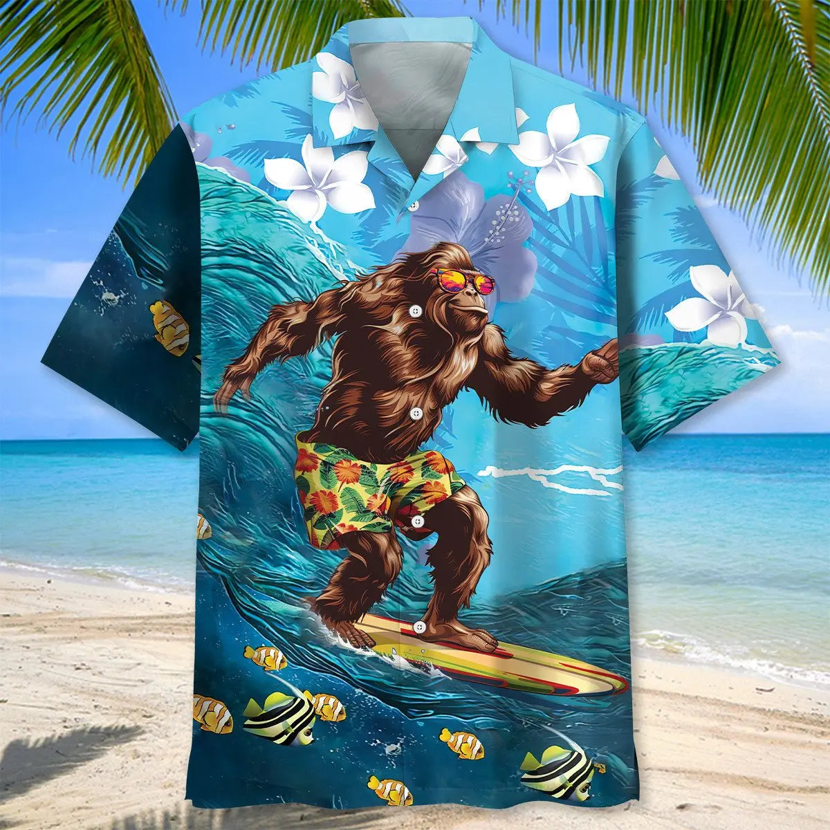 Funny Bigfoot Surfing Hibiscus Hawaiian Shirt For Active Holidays, Resort Trips, And Warm Weather Gatherings