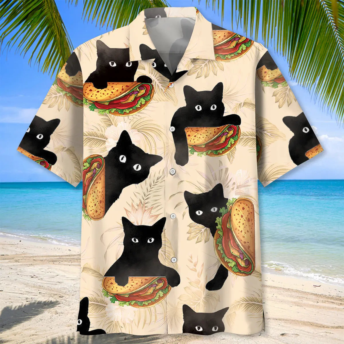 Funny Black Cat Hiding Taco Hawaiian Shirt For Summer Vacation, Beach Travel, And Casual Wear
