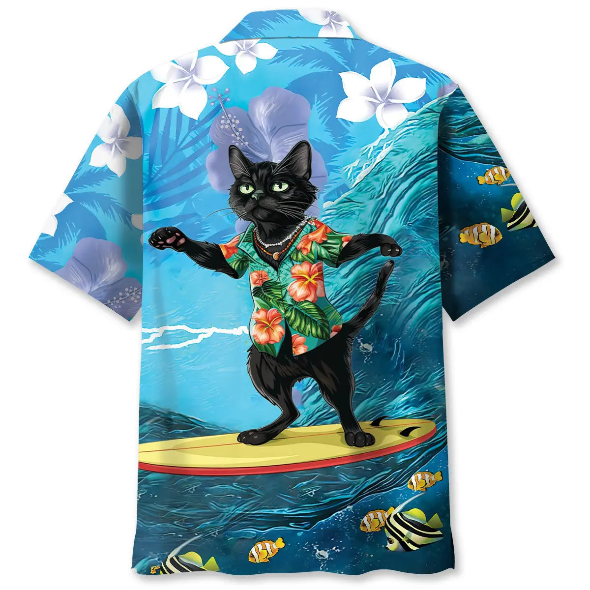 Funny Black Cat Surfing Hibiscus Hawaiian Shirt For Sports Fans, Summer Outings, And Relaxed Vacation Wear