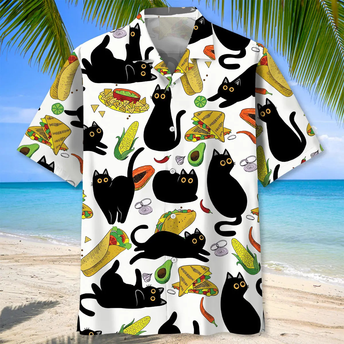 Funny Black Cat Taco Hawaiian Shirt For Tropical Holidays, Outdoor Gatherings, And Everyday Comfort