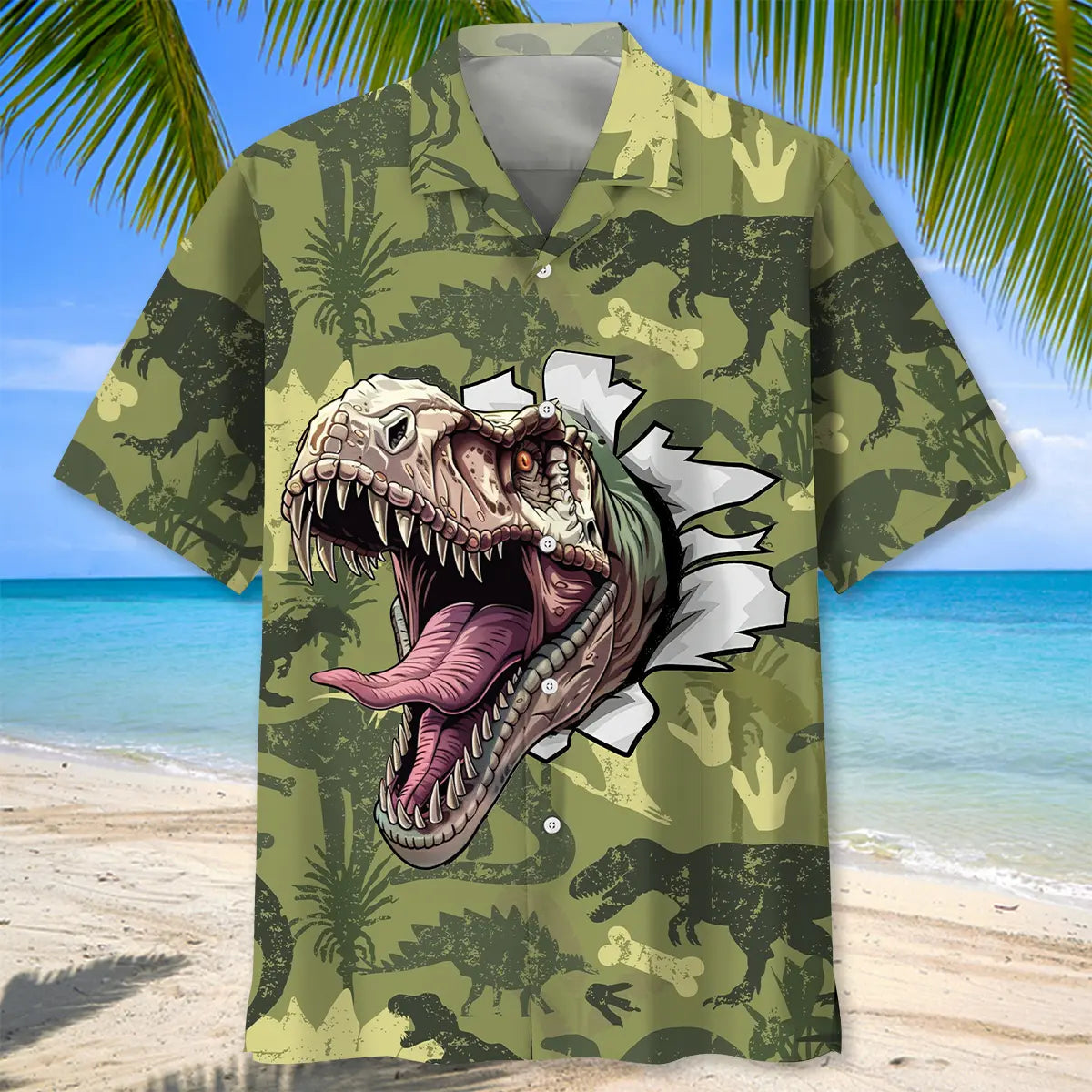 Funny Dinosaur Surfing Hawaiian Shirt For Summer Road Trip, Outdoor Event, And Beachside Style
