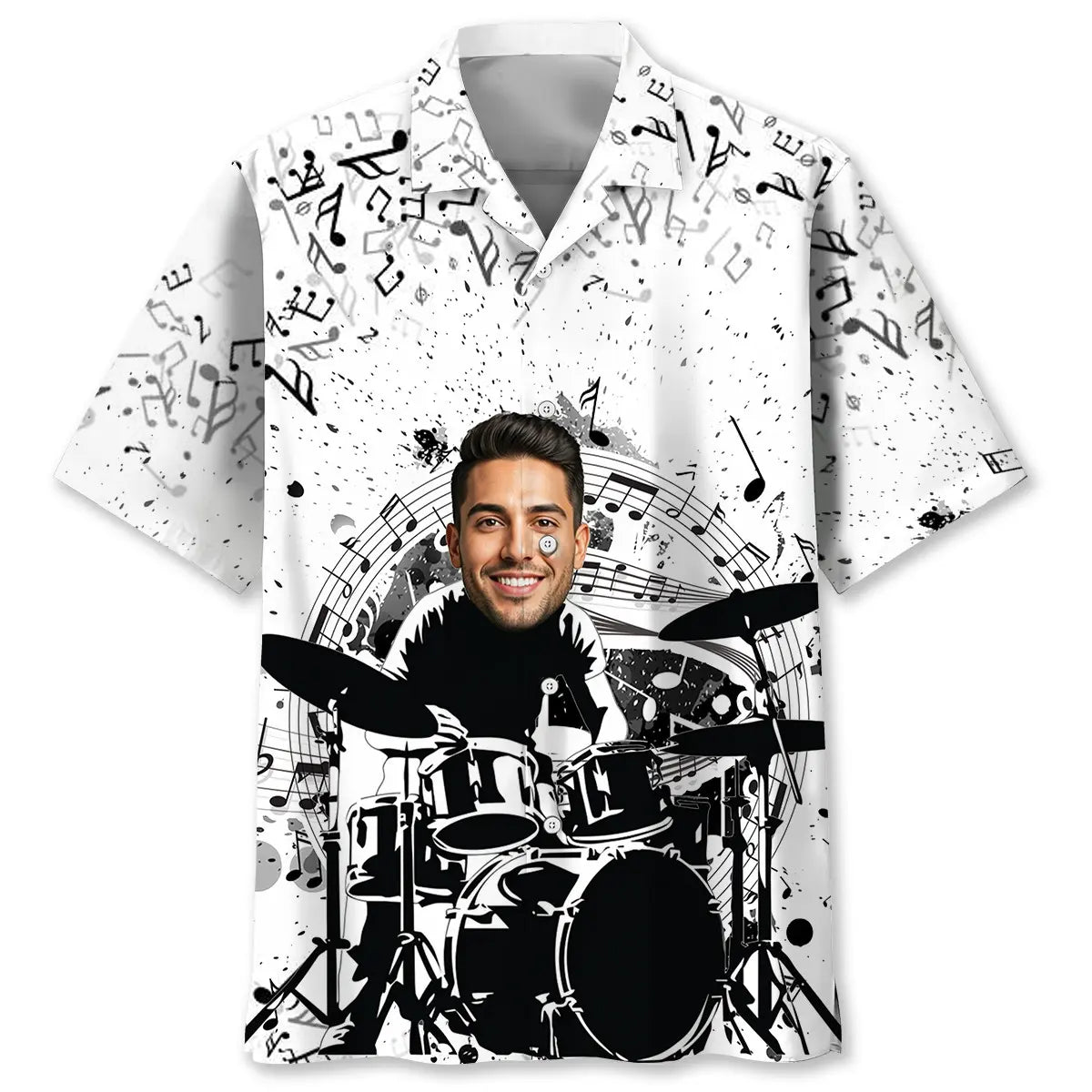 Funny Drum Black White Personalized Photo Hawaiian Shirt For Coastal Travel, Casual Events, And Comfortable Summer Wear