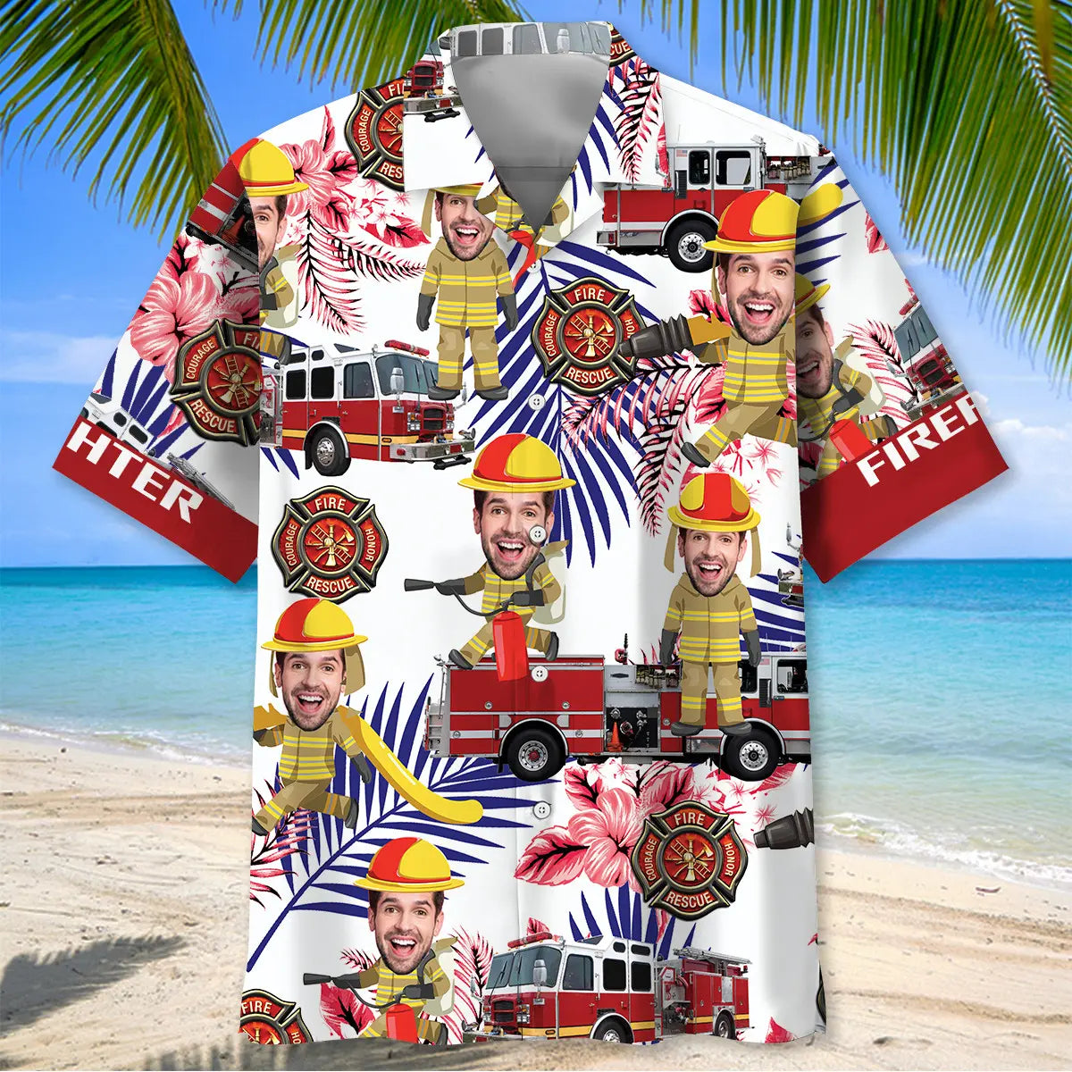 Funny Firefighter Nature Personalized Photo Face Hawaiian Shirt For Summer Vacation, Beach Travel, And Casual Wear