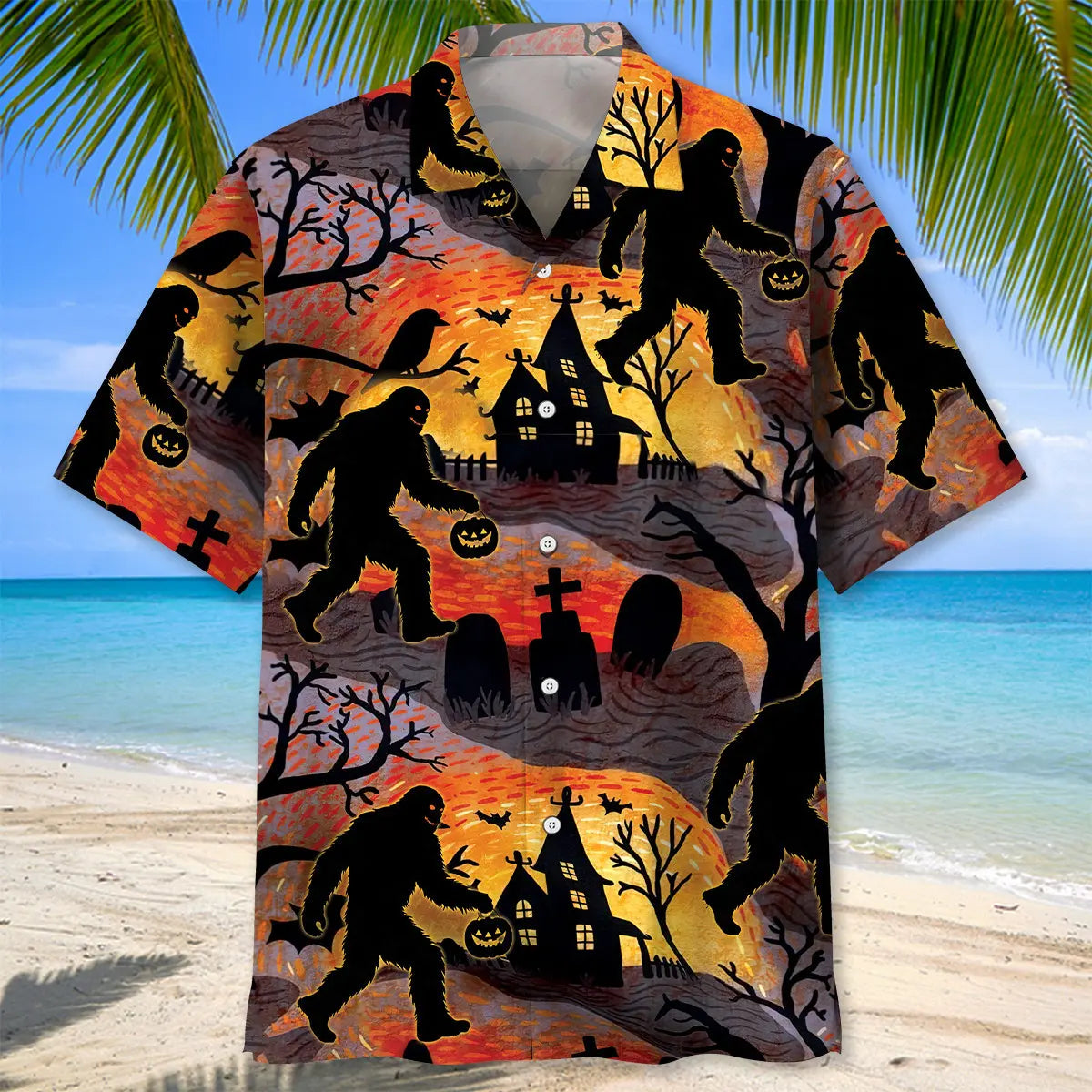 Halloween Funny Sasquatch Bigfoot Hawaiian Shirt For Tropical Holidays, Outdoor Gatherings, And Everyday Comfort