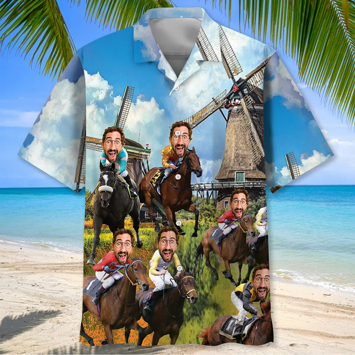 Funny Horse Racing Personalized Photo Face Hawaiian Shirt For Island Vacations, Resort Wear, And Relaxed Seasonal Style