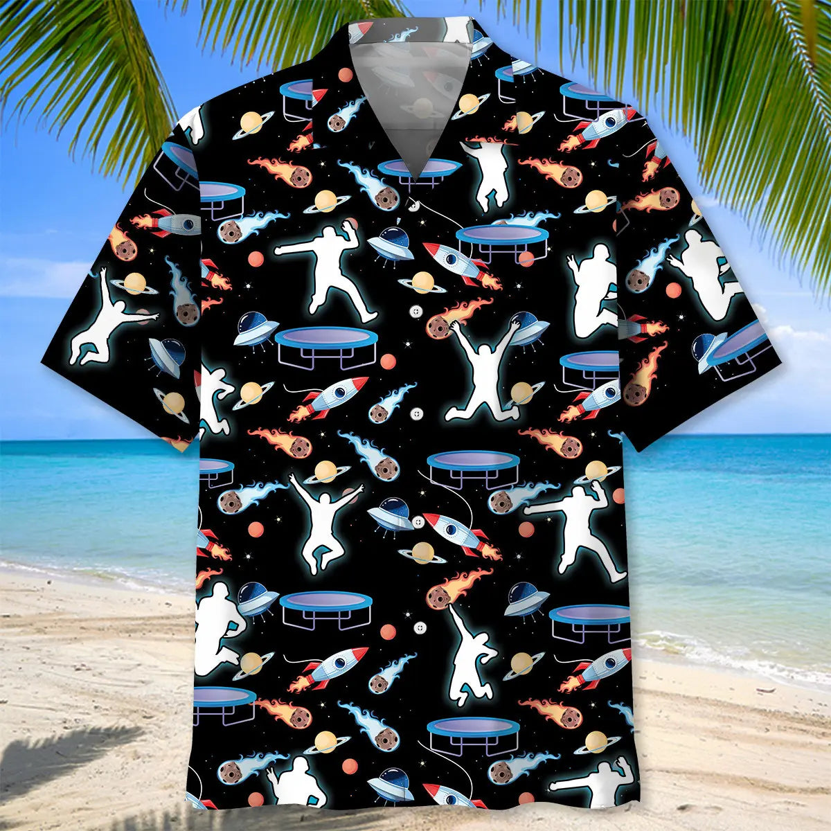Galaxy Jumping Trampoline Hawaiian Shirt For Coastal Travel, Casual Events, And Comfortable Summer Wear