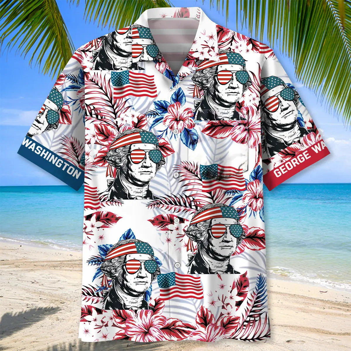 American Founding Father Heritage Pocket Hawaiian Shirt For Summer Vacation, Beach Travel, And Casual Wear