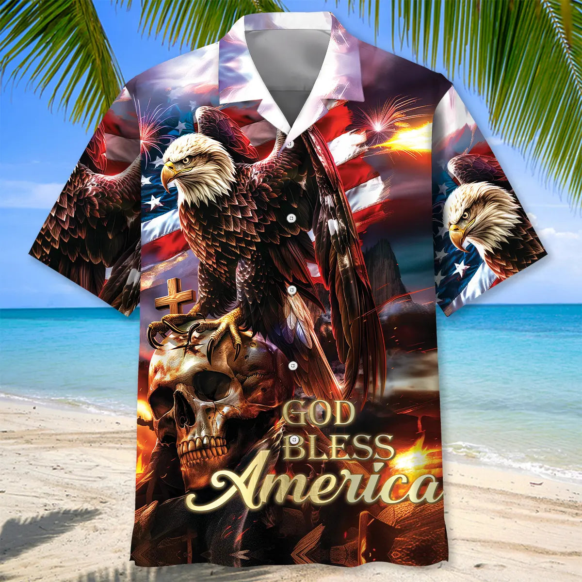 God Bless American Hawaiian Shirt For Summer Road Trip, Beach Party, And Vacation Outfit