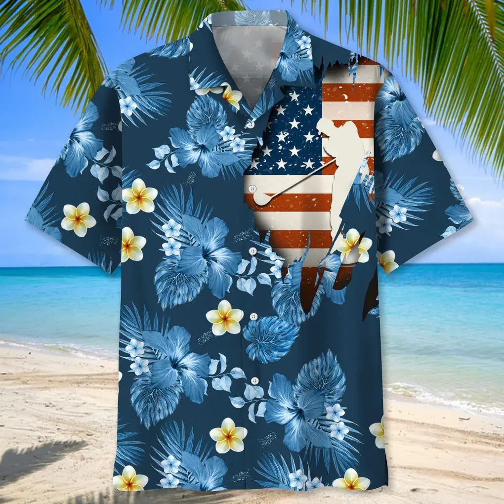 American Tropical Golf Blue Hawaiian Shirt For Heritage Inspired Events, Beach Travel, And Thoughtful Gifting