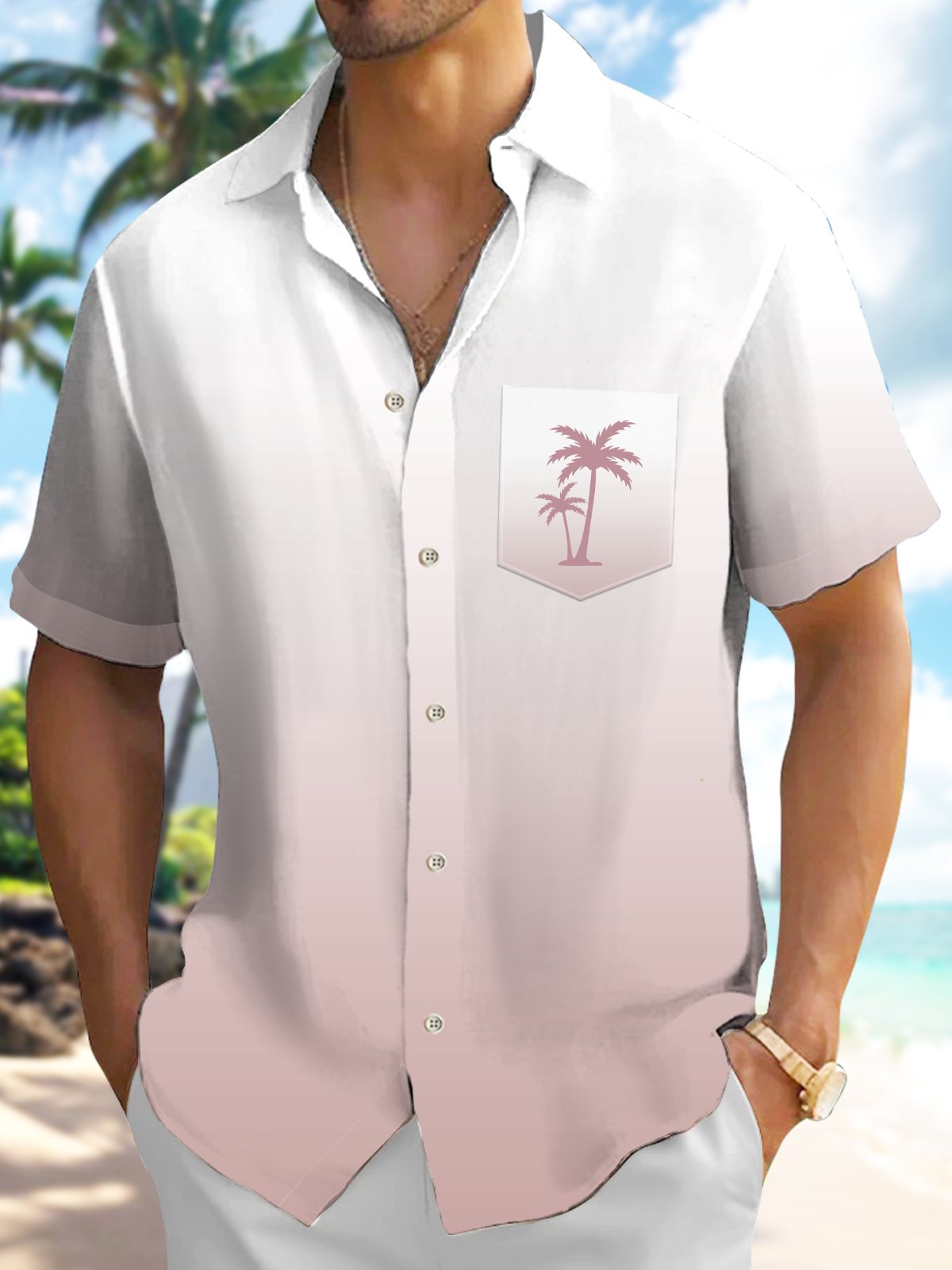 Colorful Gradient Solid Coconut Tree Vacation Hawaiian Shirt For Resort Trips, Coastal Parties, And Warm Weather Style