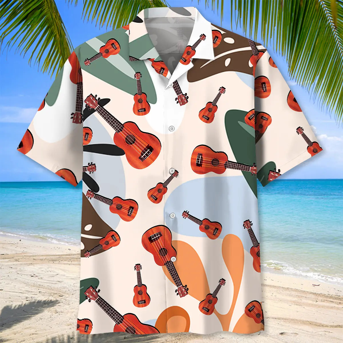 Summer Graphic Ukulele Hawaiian Shirt For Summer Vacation, Beach Travel, And Casual Wear