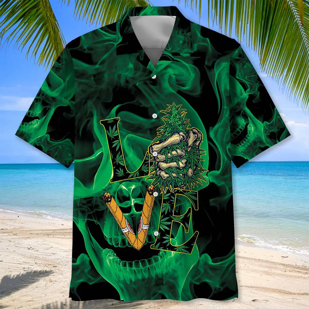 Green Mist Skull Hawaiian Shirt For Tropical Holidays, Outdoor Gatherings, And Everyday Comfort