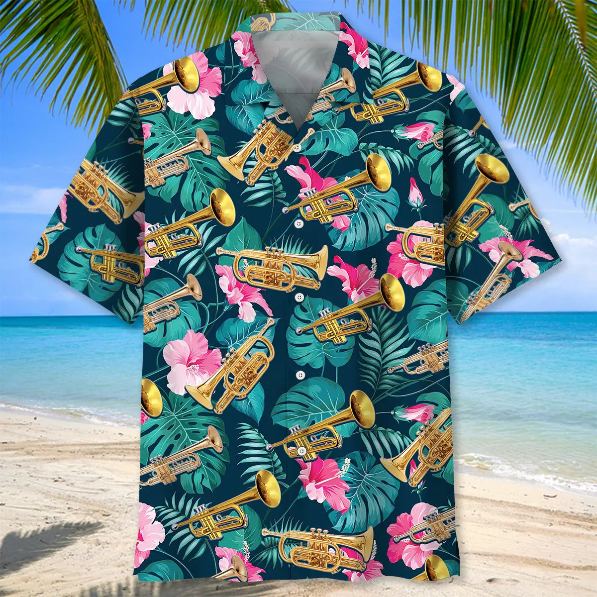 Tropical Green Trumpet Hawaiian Shirt For Tropical Holidays, Outdoor Gatherings, And Everyday Comfort