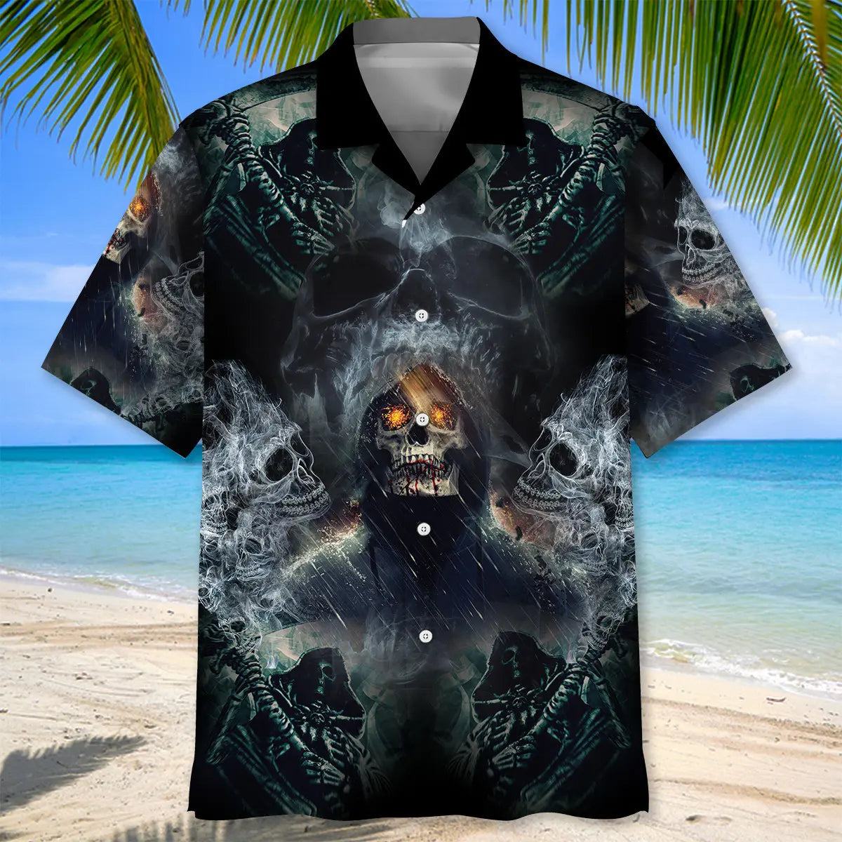 Grim Reaper Skull Hawaiian Shirt For Coastal Travel, Casual Events, And Comfortable Summer Wear