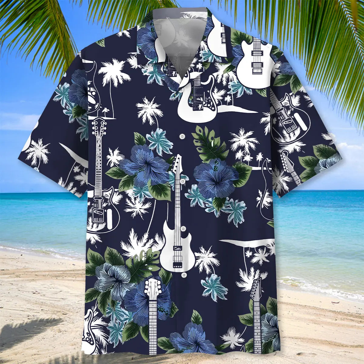 Guitar Blue Nature Hawaiian Shirt For Coastal Festival, Family Vacation, And Summer Event Style