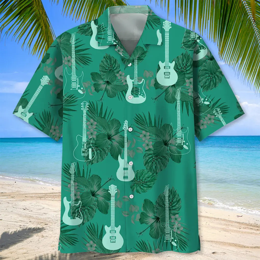 Guitar Kelly Green Hawaiian Shirt For Tropical Holidays, Outdoor Gatherings, And Everyday Comfort