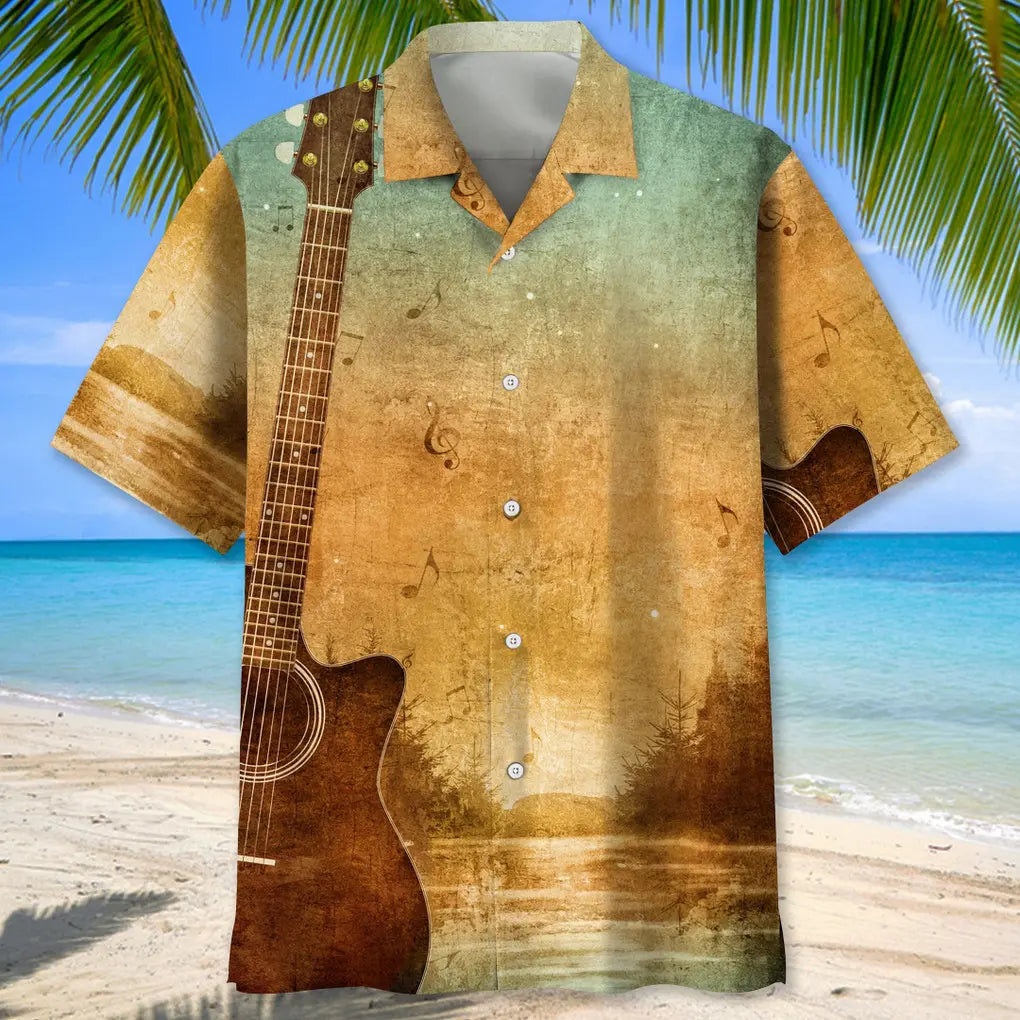 Guitar Parchment Texture Hawaiian Shirt For Creative Performers, Coastal Trips, And Casual Everyday Wear