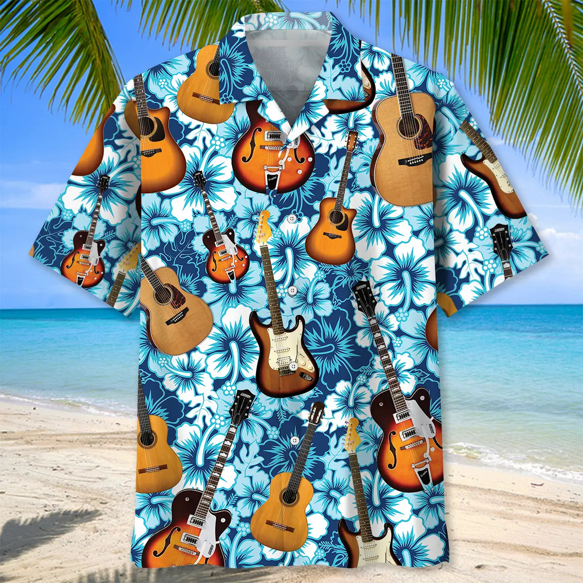 Tropical Guitar Hawaiian Shirt For Festival Travel, Beach Gatherings, And Relaxed Summer Style